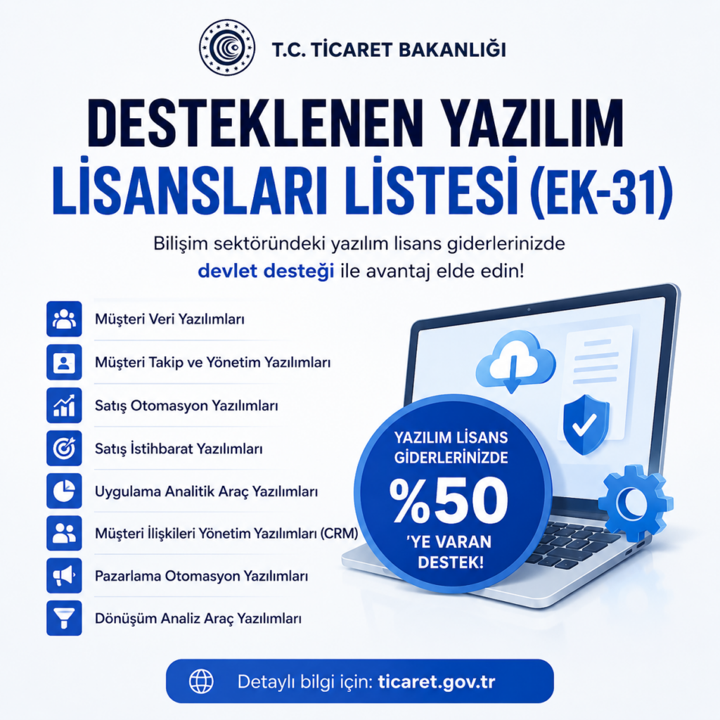 Ticaret Bakanlığı yazılım desteği, EK-31 yazılım lisans desteği, desteklenen yazılım lisansları, bilişim destekleri, CRM yazılım desteği, pazarlama otomasyon desteği, uygulama analitik yazılımları, satış otomasyon yazılımları, dönüşüm analiz araçları, yazılım lisans teşviki, software license support, CRM software support, marketing automation software, sales intelligence tools, app analytics software, SaaS incentives Turkey, export support for software companies, digital marketing tools support, customer data platforms, business intelligence software support