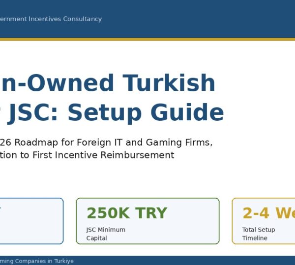 Foreign owned Turkish LLC or JSC setup guide 2026 — minimum capital, timeline and incentive eligibility roadmap for foreign IT and gaming firms by Proteşvik