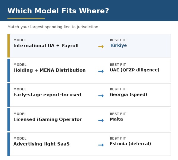 Decision framework matching business model to jurisdiction in the Türkiye vs UAE Georgia Malta Estonia comparison