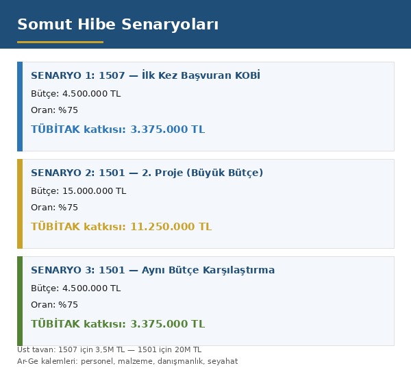 TÜBİTAK 1501 ve 1507 2026/2 hibe hesabı somut senaryolar