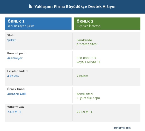 E-ihracat desteği iki örnek, yeni başlayan şirket ve büyüyen ihracatçı karşılaştırması